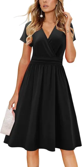 Newshows Womens Summer Short Sleeve Casual Dresses V Neck Floral Vacation Sundress Faux Wrap Midi Dress with Pockets