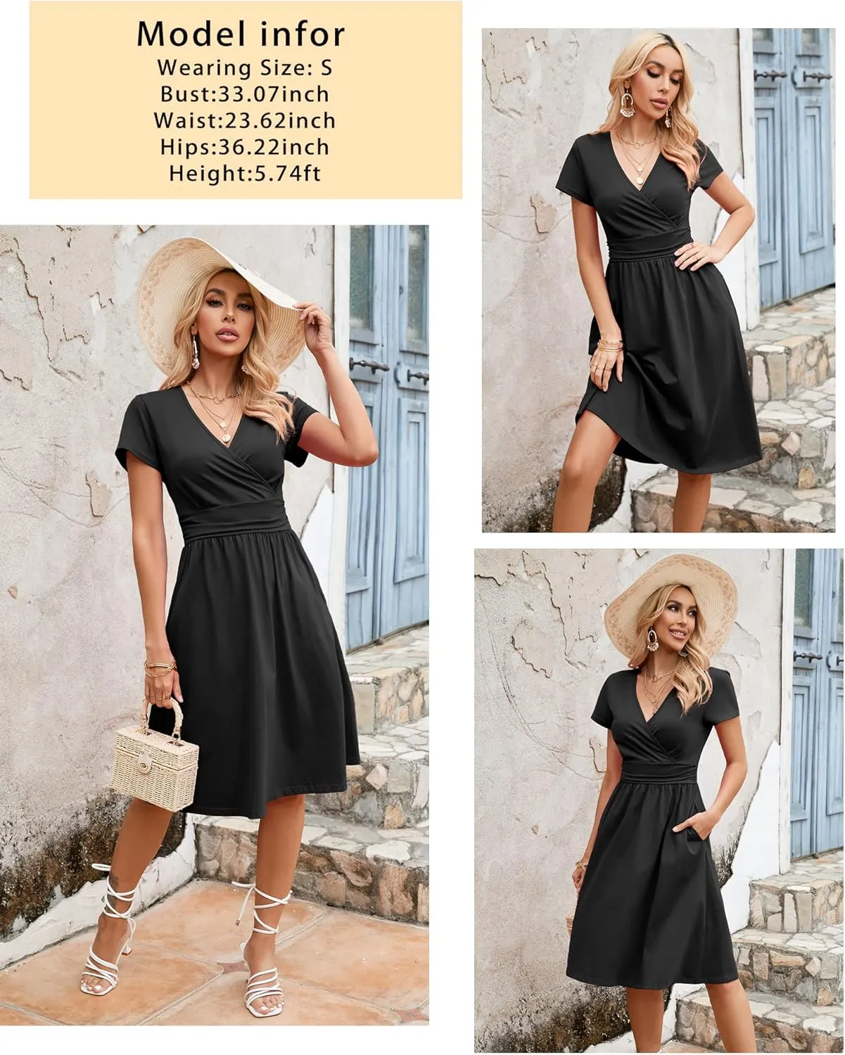 Newshows Womens Summer Short Sleeve Casual Dresses V Neck Floral Vacation Sundress Faux Wrap Midi Dress with Pockets