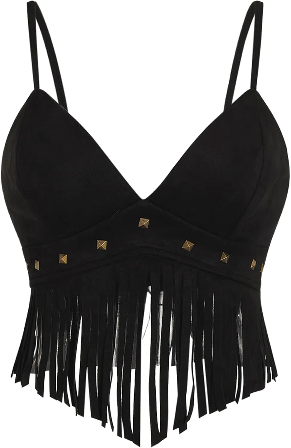 OYOANGLE Women's Y2K Fringe Sleeveless Spaghetti Strap Faux Suede Vintage Hippie Crop Top Blouse