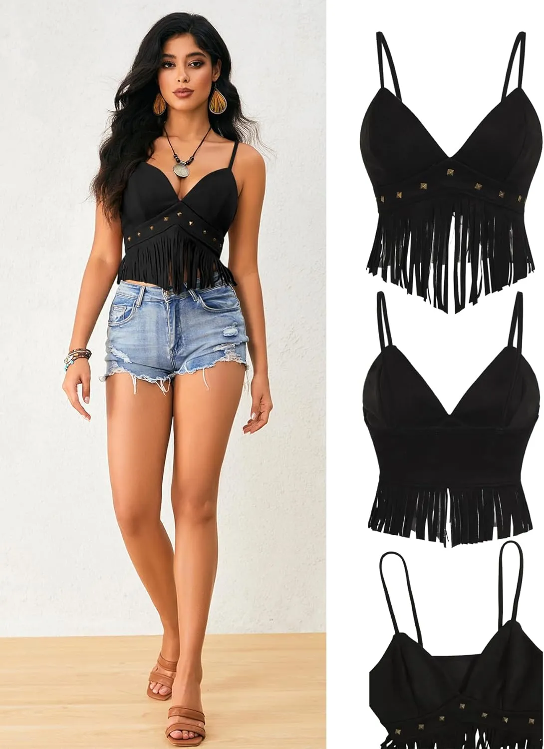 OYOANGLE Women's Y2K Fringe Sleeveless Spaghetti Strap Faux Suede Vintage Hippie Crop Top Blouse