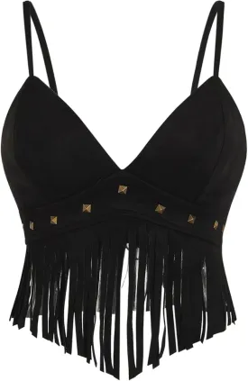 OYOANGLE Women's Y2K Fringe Sleeveless Spaghetti Strap Faux Suede Vintage Hippie Crop Top Blouse