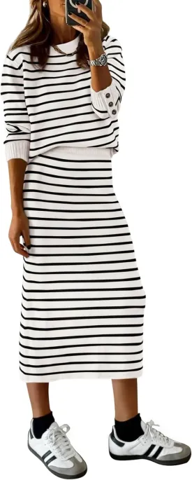 PRETTYGARDEN Women's 2 Piece Sets Lounge Striped Sweater Fall Casual Long Sleeve Knit Midi Skirts Matching Travel Outfits