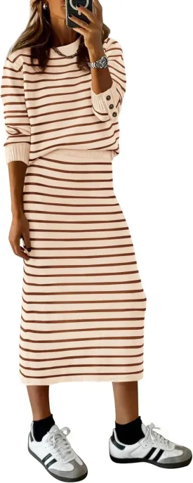 PRETTYGARDEN Women's 2 Piece Sets Lounge Striped Sweater Fall Casual Long Sleeve Knit Midi Skirts Matching Travel Outfits
