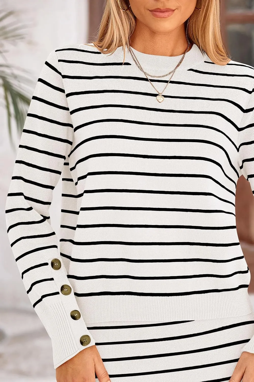 PRETTYGARDEN Women's 2 Piece Sets Lounge Striped Sweater Fall Casual Long Sleeve Knit Midi Skirts Matching Travel Outfits