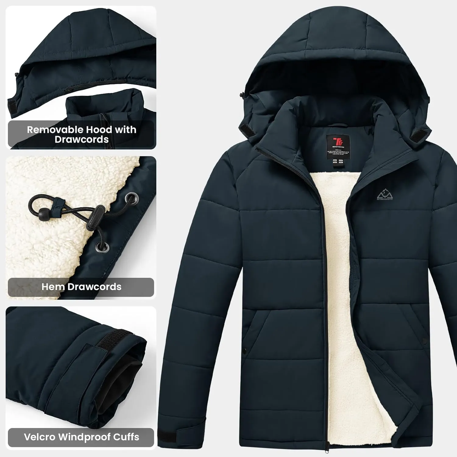 Rdruko Men's Winter Coats Water Resistant Fleece Insulated Warm Windproof Thicken Hooded Jacket