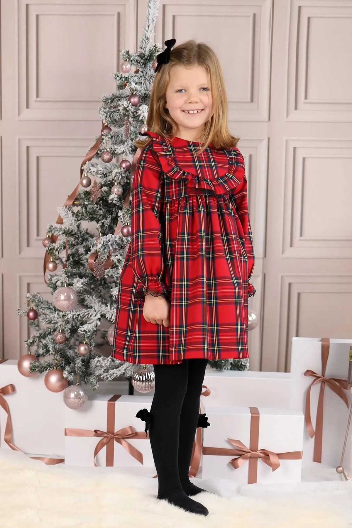 Red Tartan & Black Lace Dress (4Y - 8Y)