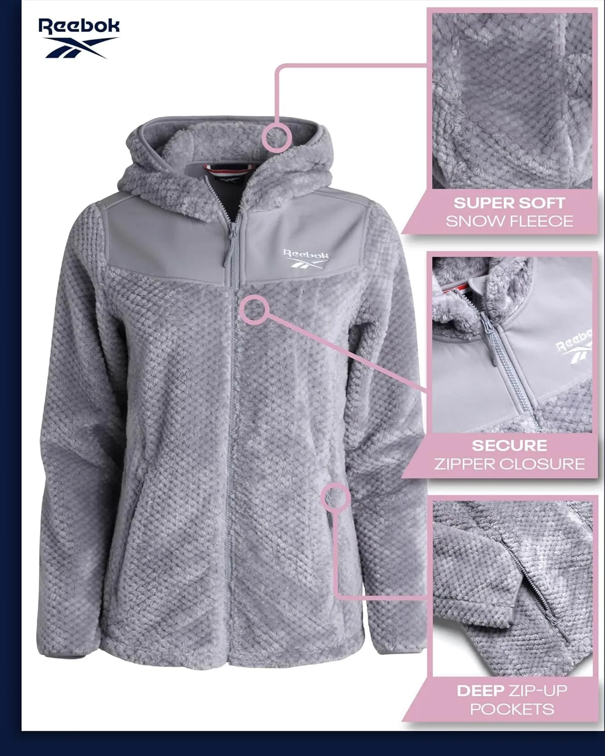 Reebok Women's Fleece Zip Up Jacket - Warm Snow Fleece Winter Jacket with Hood - Insulated Winter Jackets for Women (S-XL)