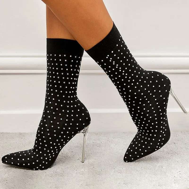 Rhinestone Studded Stovepipe Stocking High Heels