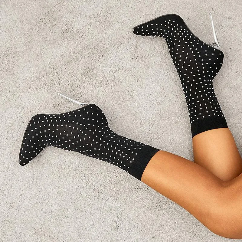Rhinestone Studded Stovepipe Stocking High Heels