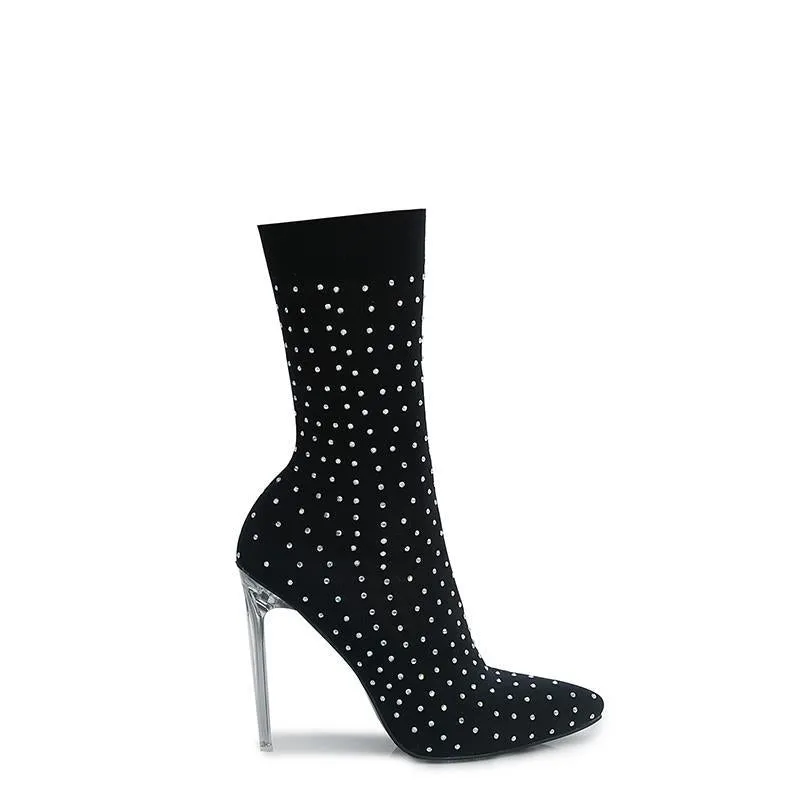 Rhinestone Studded Stovepipe Stocking High Heels