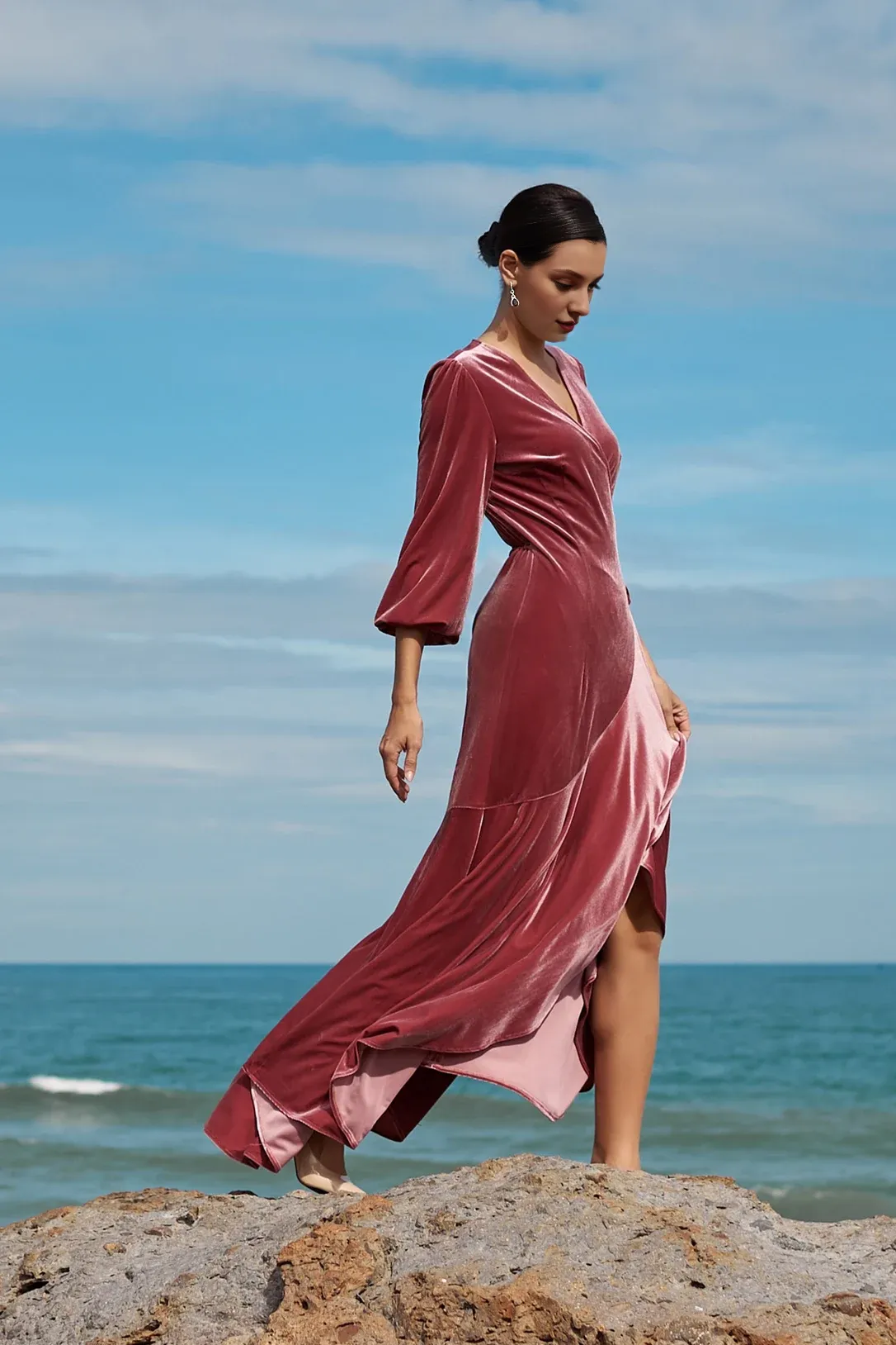 Rose Wrap Long Sleeves Velvet Mother Of The Bride Dress Long Wedding Guest Dress