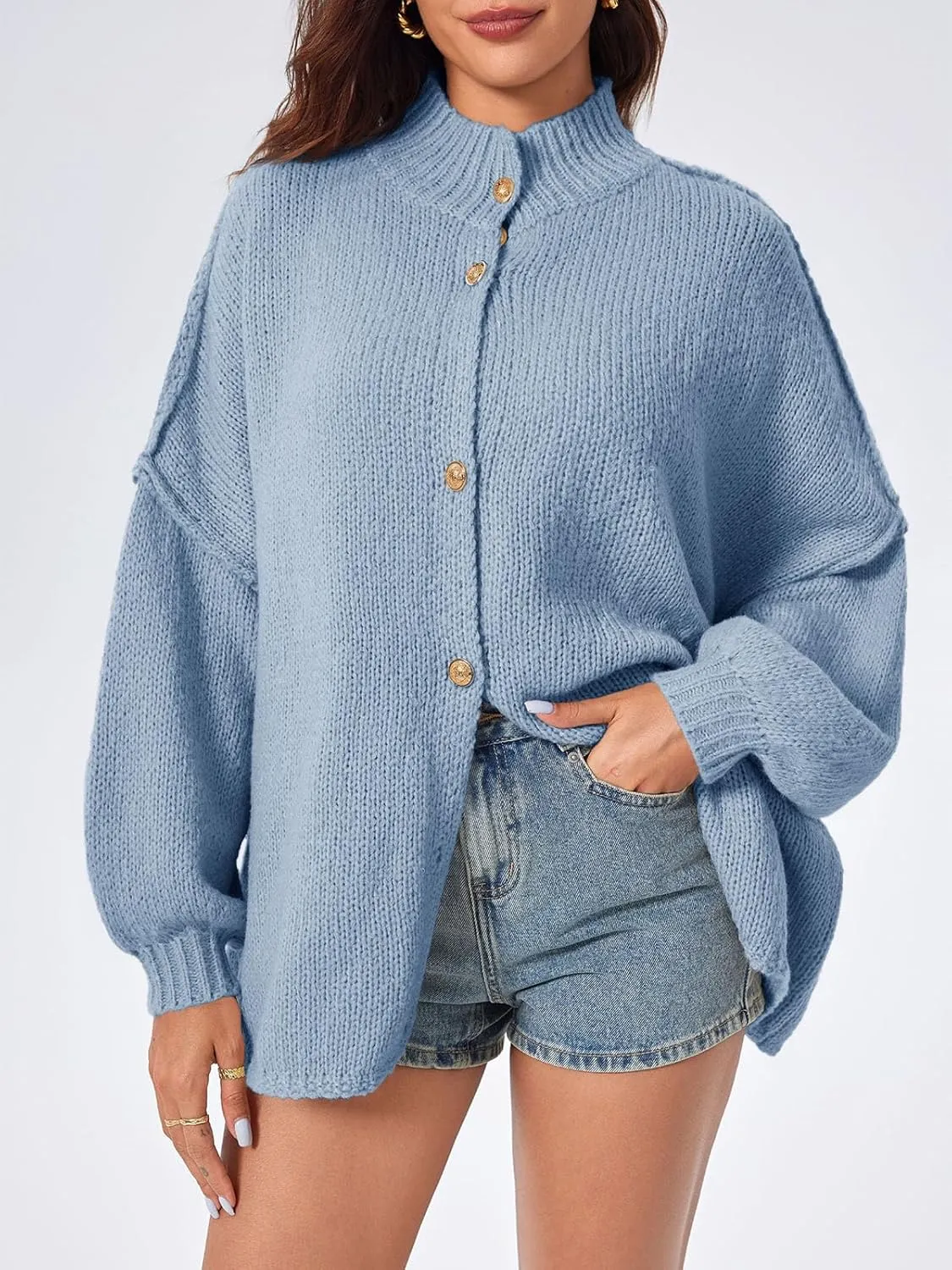Saodimallsu Womens Oversized Cardigans Long Lantern Sleeve Button Down Chunky Knit Loose Fall Sweater Coats