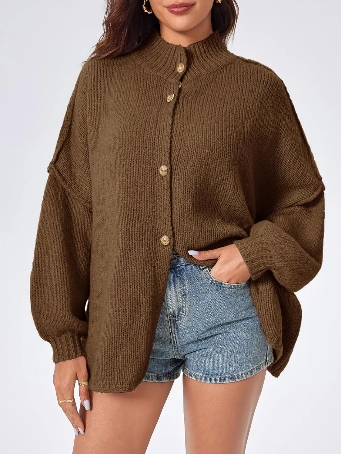 Saodimallsu Womens Oversized Cardigans Long Lantern Sleeve Button Down Chunky Knit Loose Fall Sweater Coats