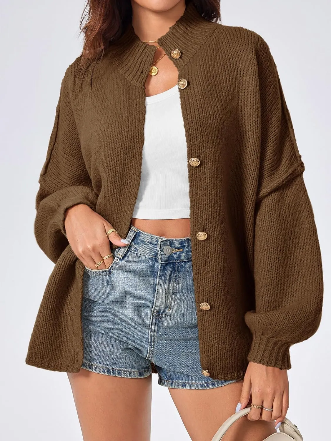 Saodimallsu Womens Oversized Cardigans Long Lantern Sleeve Button Down Chunky Knit Loose Fall Sweater Coats