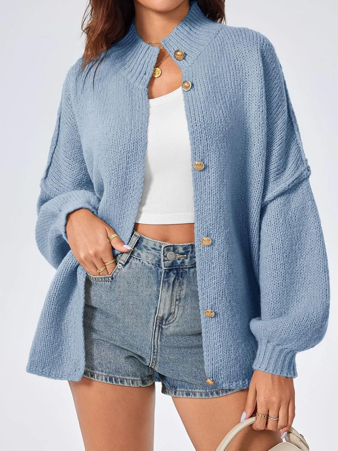 Saodimallsu Womens Oversized Cardigans Long Lantern Sleeve Button Down Chunky Knit Loose Fall Sweater Coats