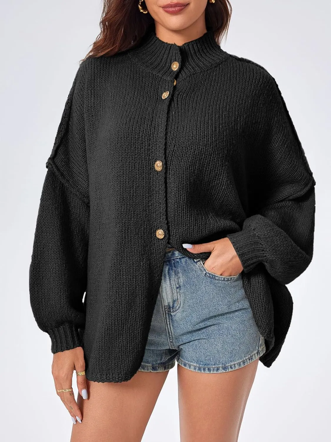 Saodimallsu Womens Oversized Cardigans Long Lantern Sleeve Button Down Chunky Knit Loose Fall Sweater Coats