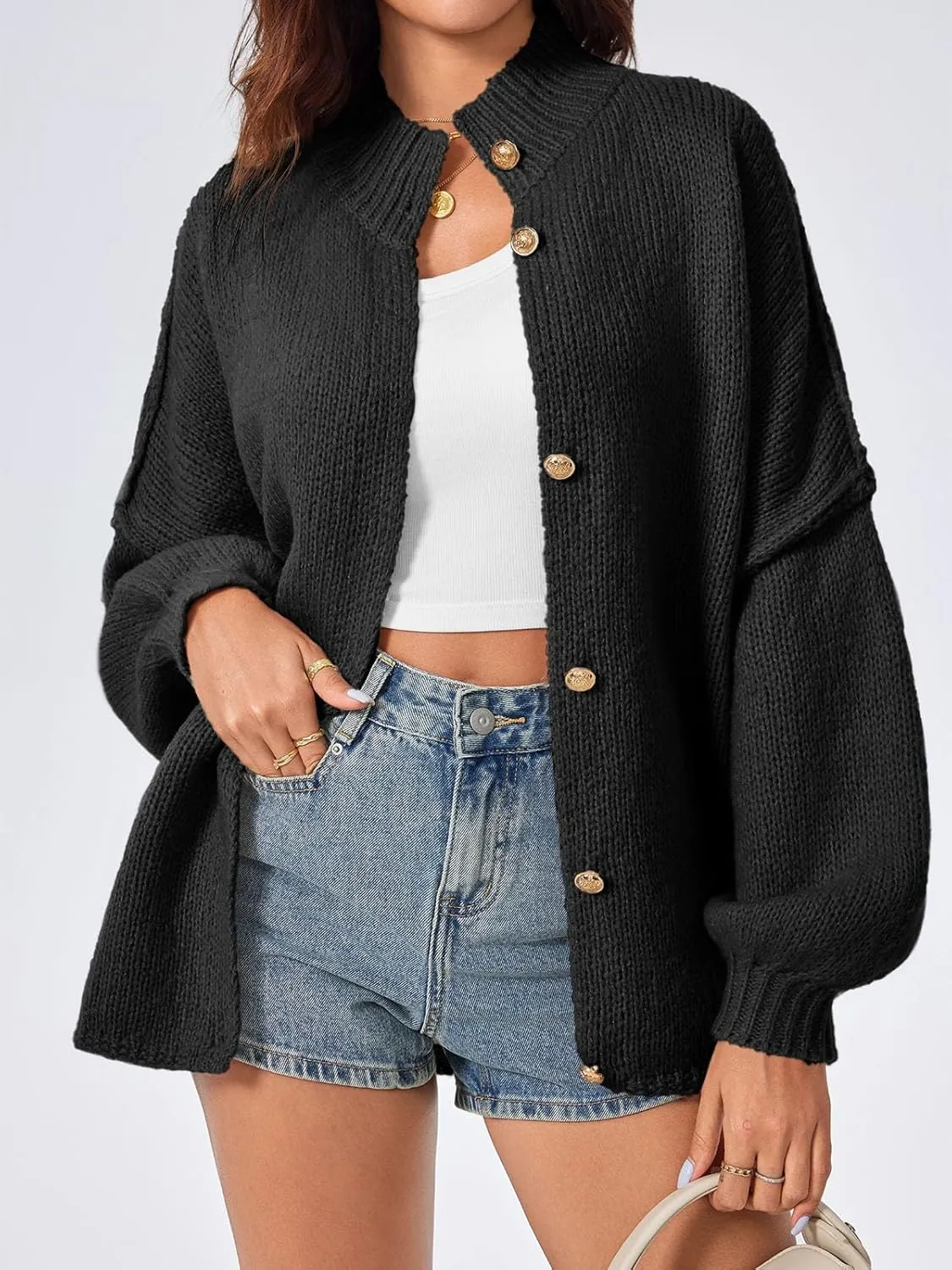 Saodimallsu Womens Oversized Cardigans Long Lantern Sleeve Button Down Chunky Knit Loose Fall Sweater Coats