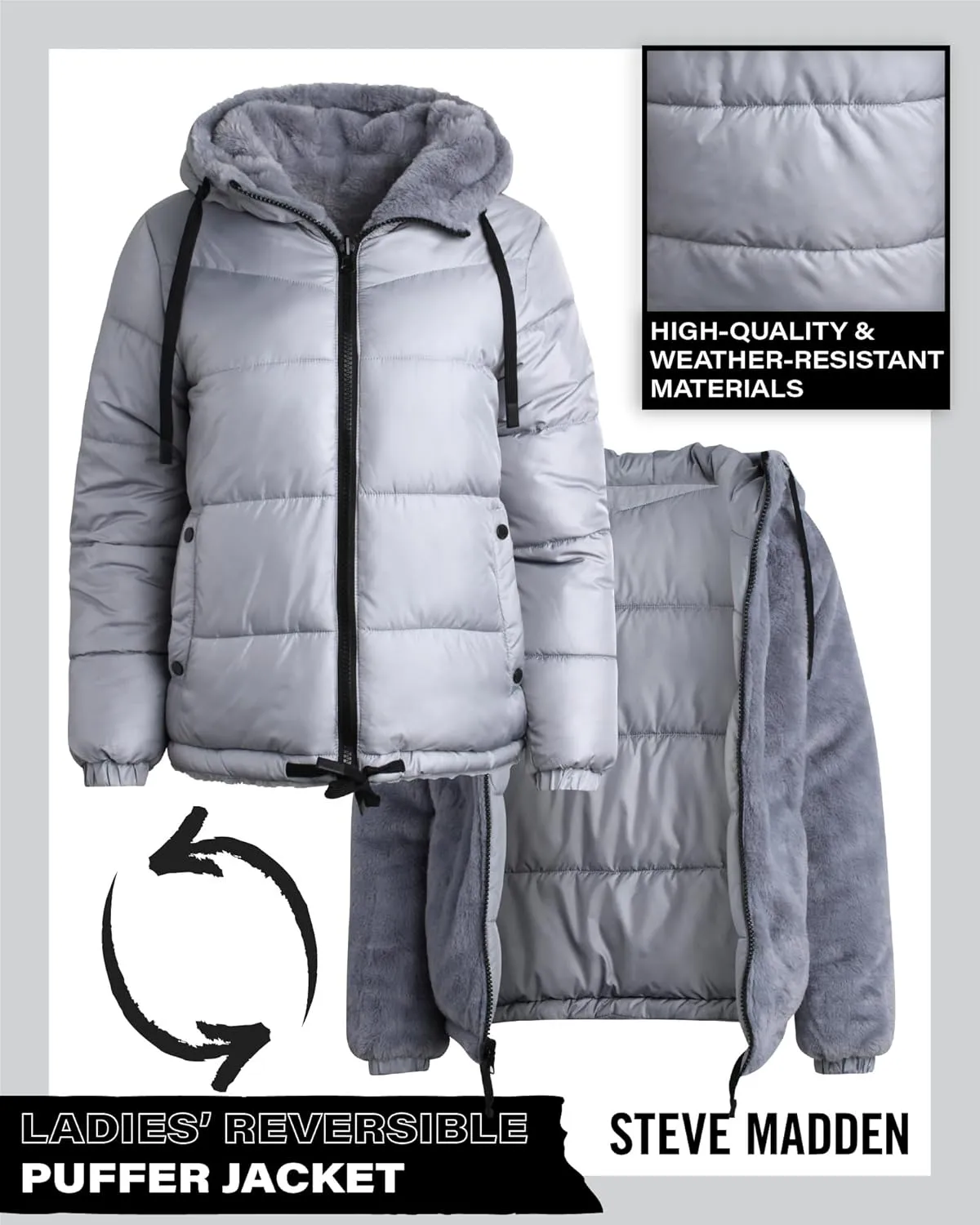 Steve Madden Women's Winter Jacket - Heavyweight Reversible Quilted Puffer Parka Coat Faux Fur Lined Jacket for Women (S-XL)