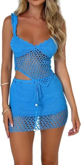 Sunloudy Women 2Pcs Crochet Knit Skirt Set Tube Crop Top   High Waist Bodycon Skirt Cover Up Beachwear