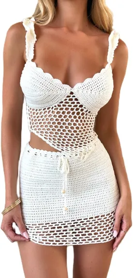 Sunloudy Women 2Pcs Crochet Knit Skirt Set Tube Crop Top   High Waist Bodycon Skirt Cover Up Beachwear