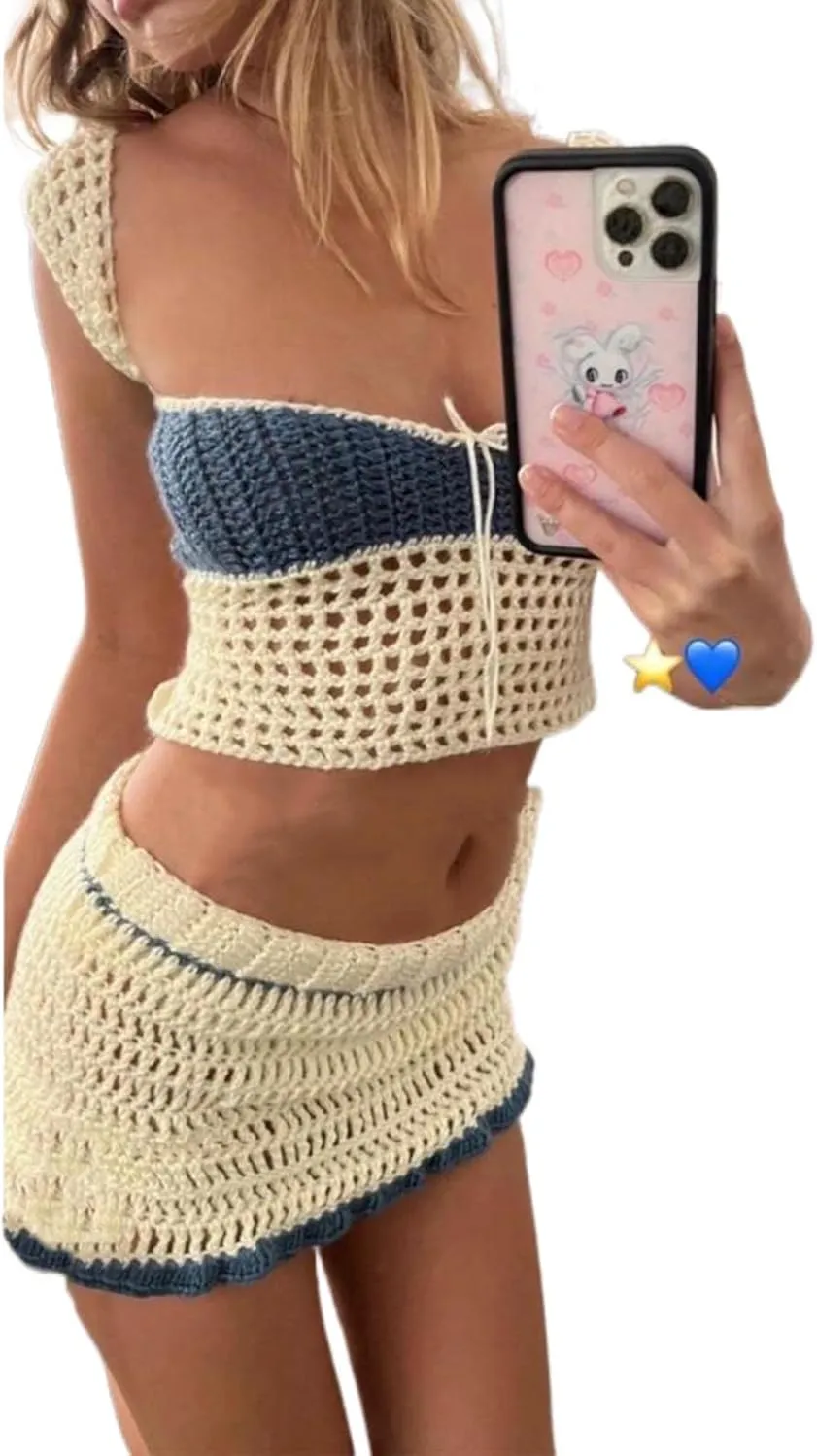 Sunloudy Women 2Pcs Crochet Knit Skirt Set Tube Crop Top   High Waist Bodycon Skirt Cover Up Beachwear