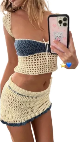 Sunloudy Women 2Pcs Crochet Knit Skirt Set Tube Crop Top   High Waist Bodycon Skirt Cover Up Beachwear