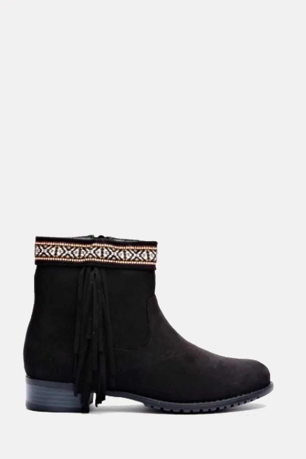 Tokyo Black Suede Aztec Fringe Ankle Boots