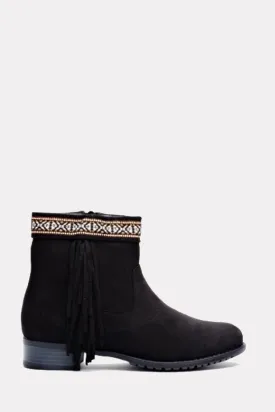 Tokyo Black Suede Aztec Fringe Ankle Boots