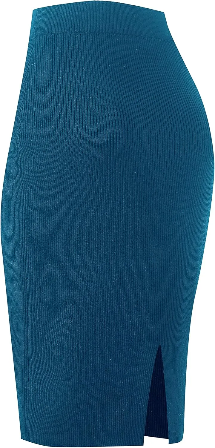 Urban CoCo Women's Elastic Waist Knitted Split Tube Pencil Midi Skirt