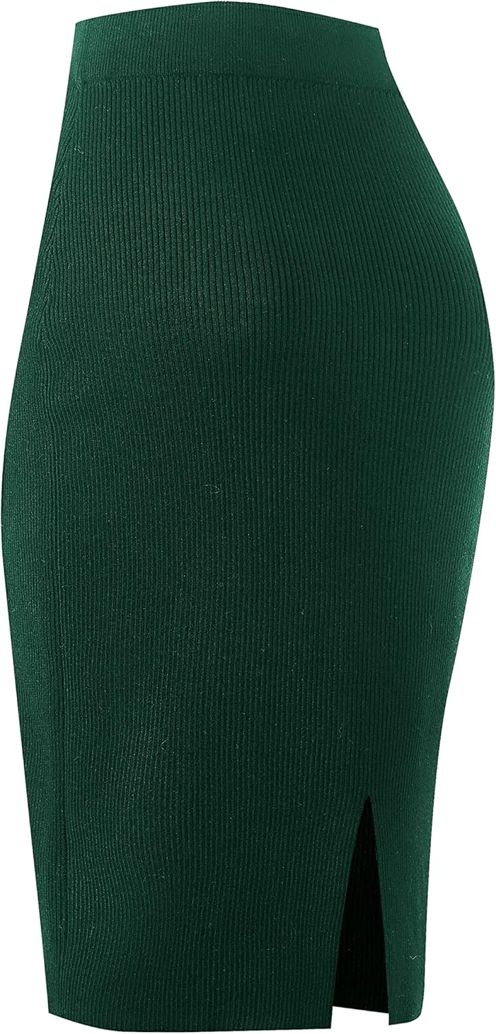 Urban CoCo Women's Elastic Waist Knitted Split Tube Pencil Midi Skirt