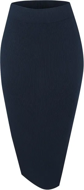Urban CoCo Women's Elastic Waist Knitted Split Tube Pencil Midi Skirt