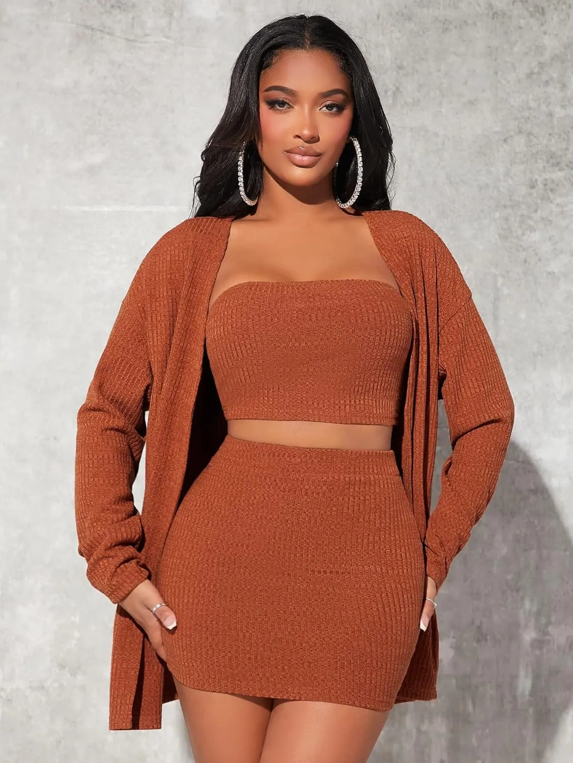 Verdusa Women's 3 Piece Outfit Crop Bandeau Top and Bodycon Skirt with Cardigan