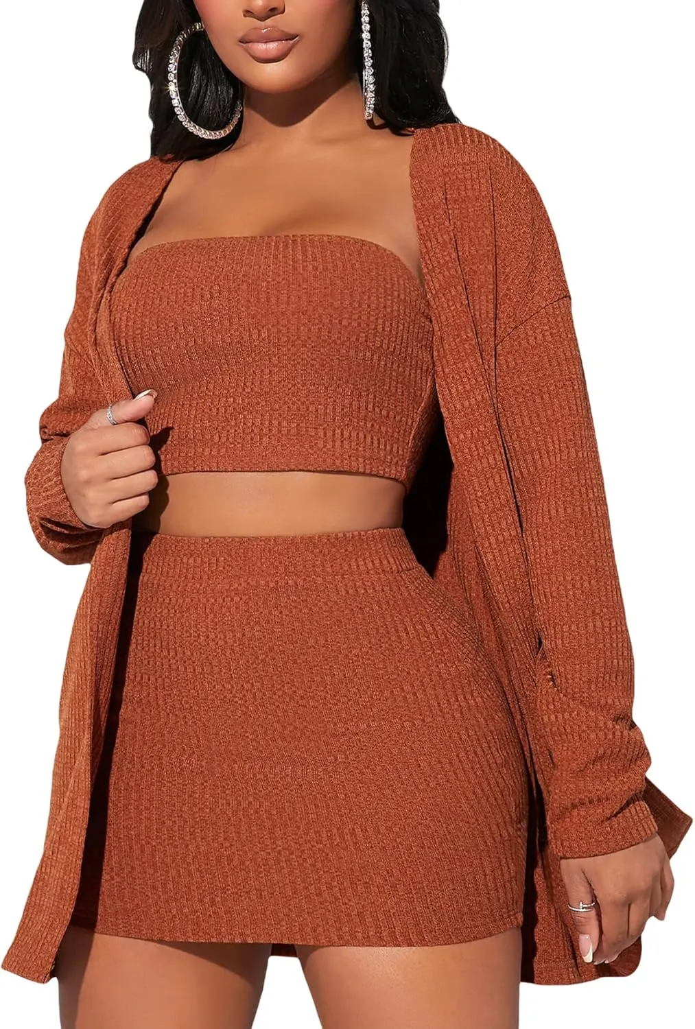 Verdusa Women's 3 Piece Outfit Crop Bandeau Top and Bodycon Skirt with Cardigan