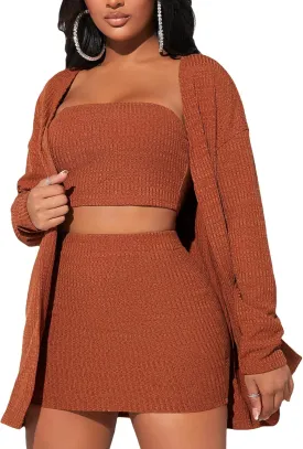 Verdusa Women's 3 Piece Outfit Crop Bandeau Top and Bodycon Skirt with Cardigan