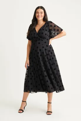 Victoria Black Velvet Flock Angel Sleeve Mesh Long Midi Dress