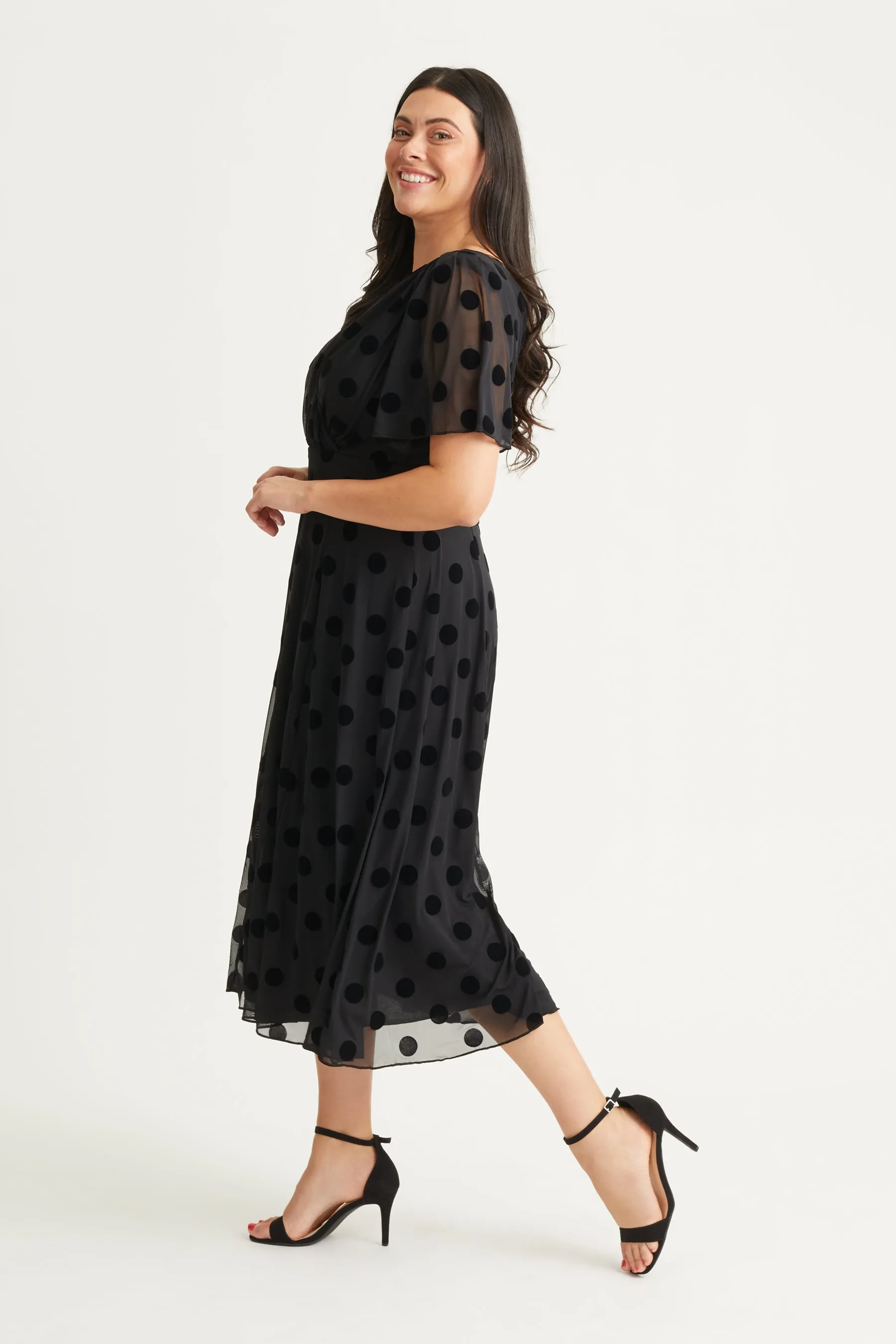 Victoria Black Velvet Flock Angel Sleeve Mesh Long Midi Dress