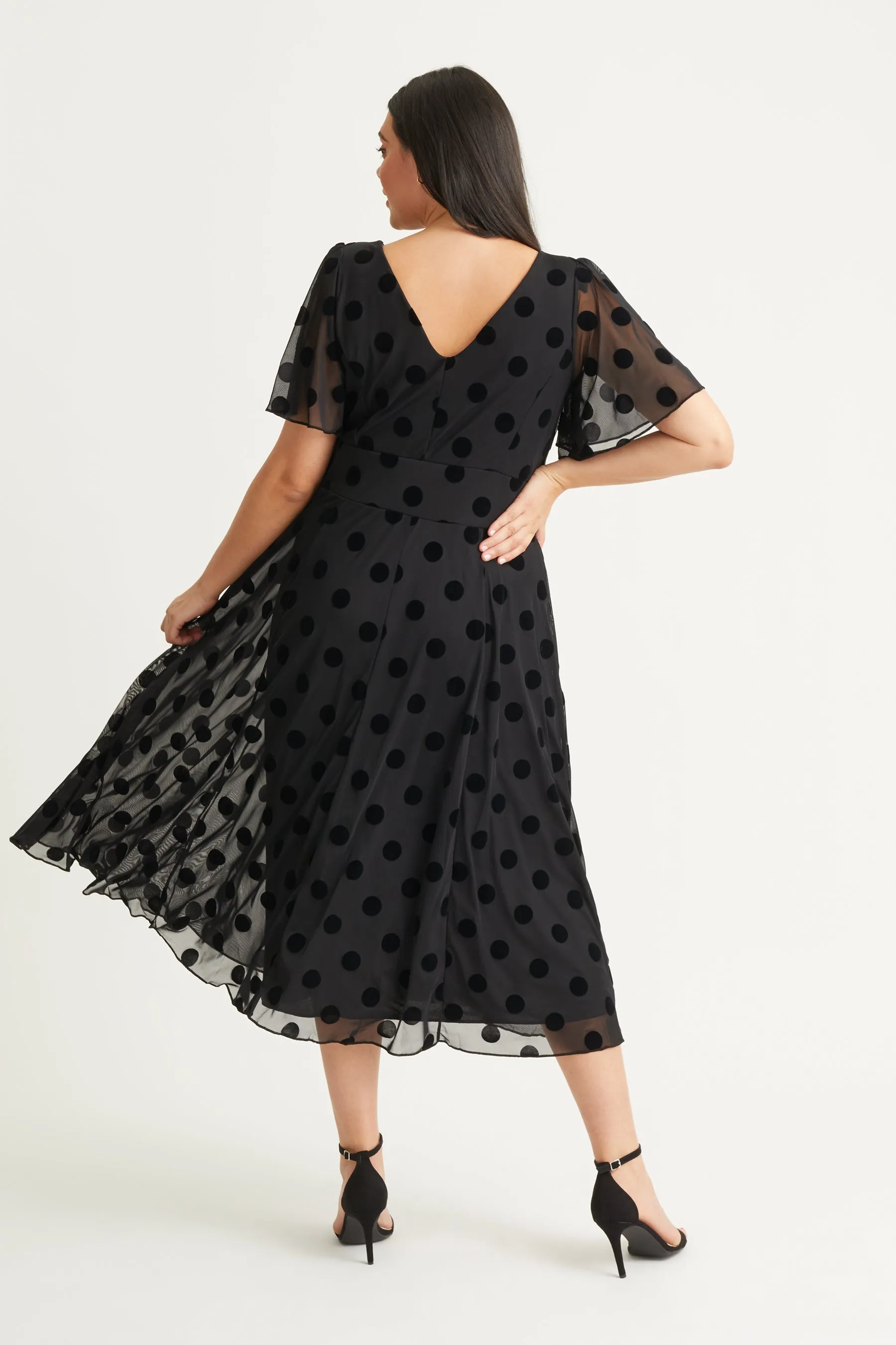 Victoria Black Velvet Flock Angel Sleeve Mesh Long Midi Dress