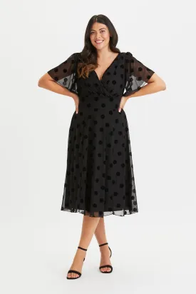 Victoria Black Velvet Flock Angel Sleeve Mesh Midi Dress