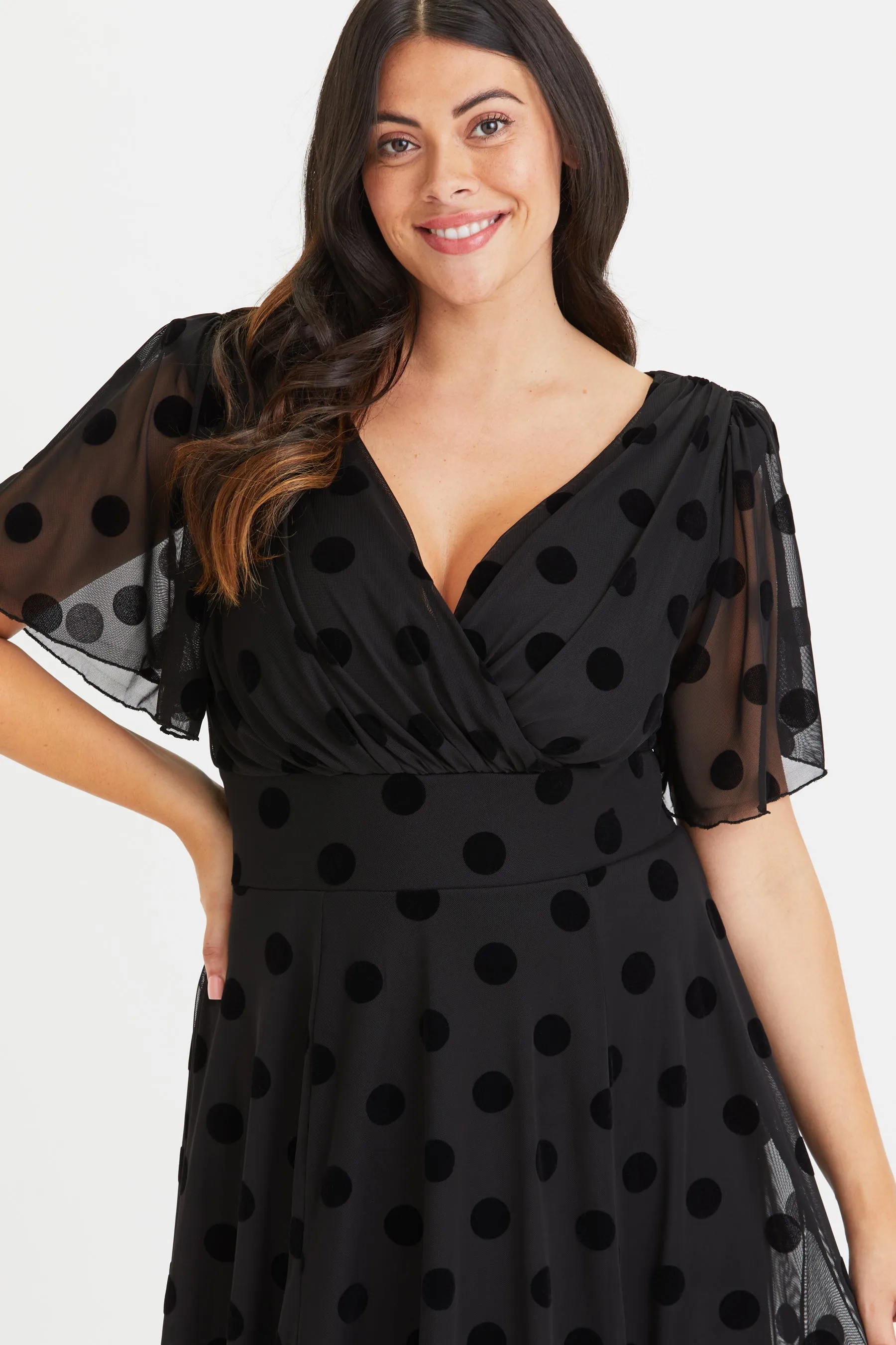 Victoria Black Velvet Flock Angel Sleeve Mesh Midi Dress