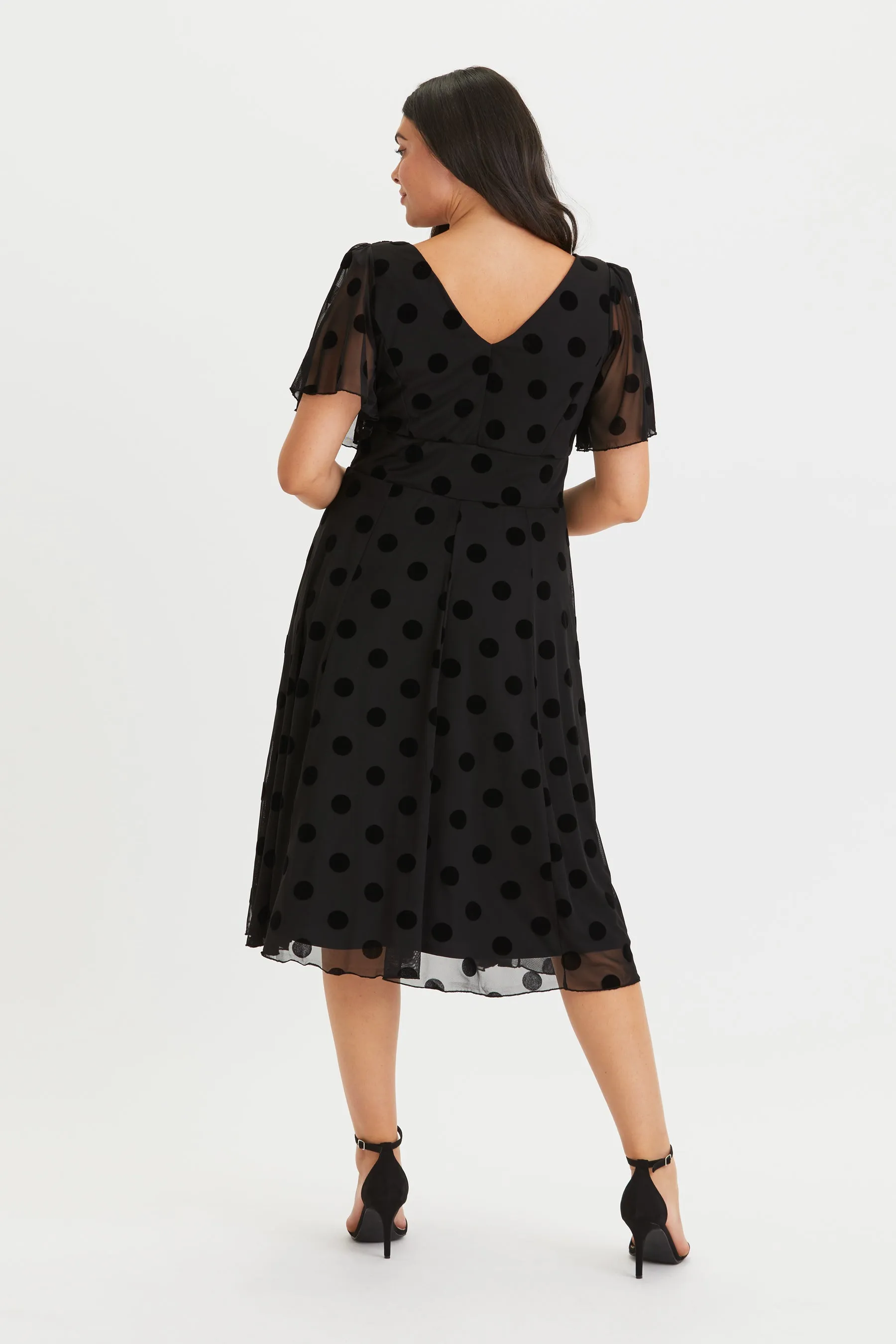 Victoria Black Velvet Flock Angel Sleeve Mesh Midi Dress