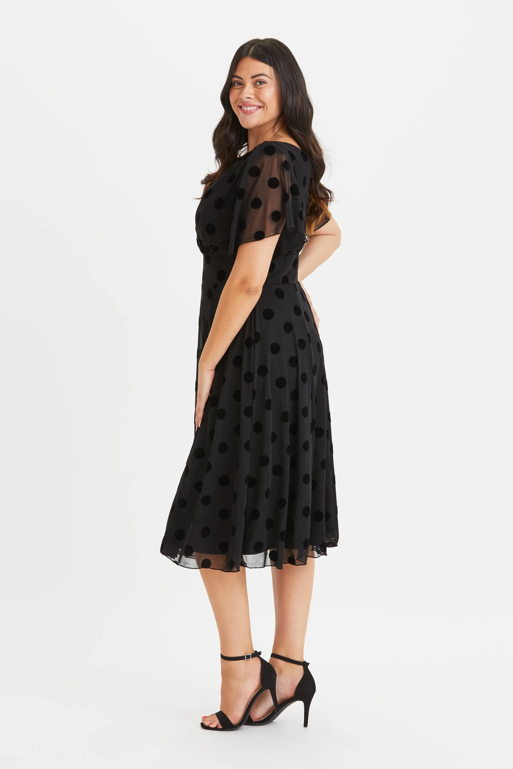 Victoria Black Velvet Flock Angel Sleeve Mesh Midi Dress
