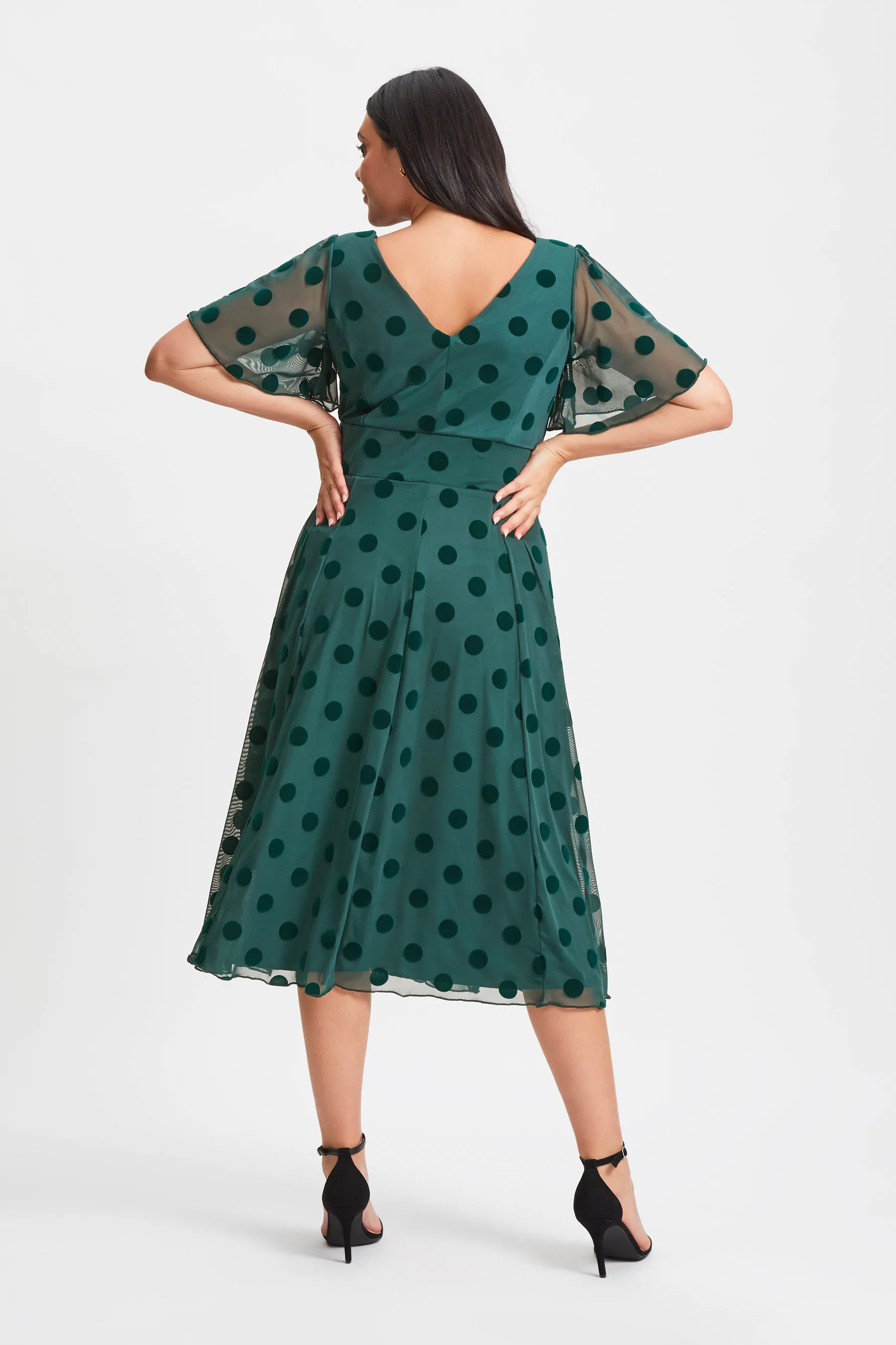 Victoria Dark Green Velvet Flock Angel Sleeve Mesh Long Midi Dress