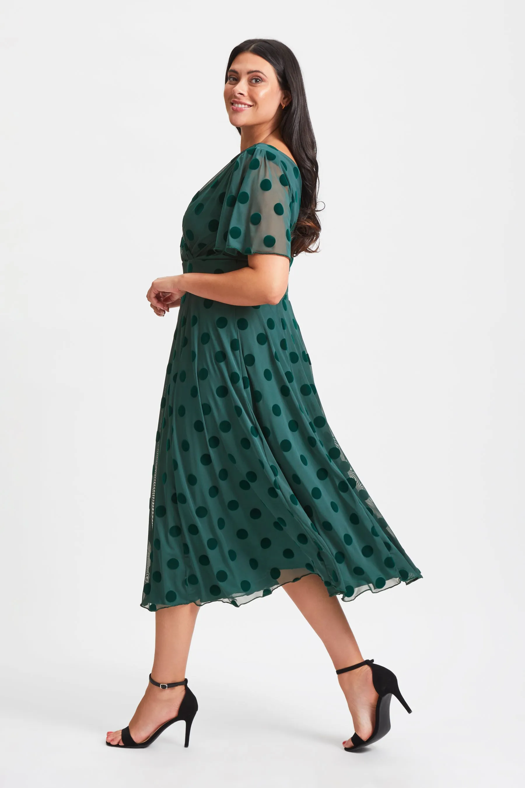 Victoria Dark Green Velvet Flock Angel Sleeve Mesh Long Midi Dress