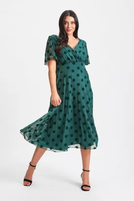 Victoria Dark Green Velvet Flock Angel Sleeve Mesh Long Midi Dress