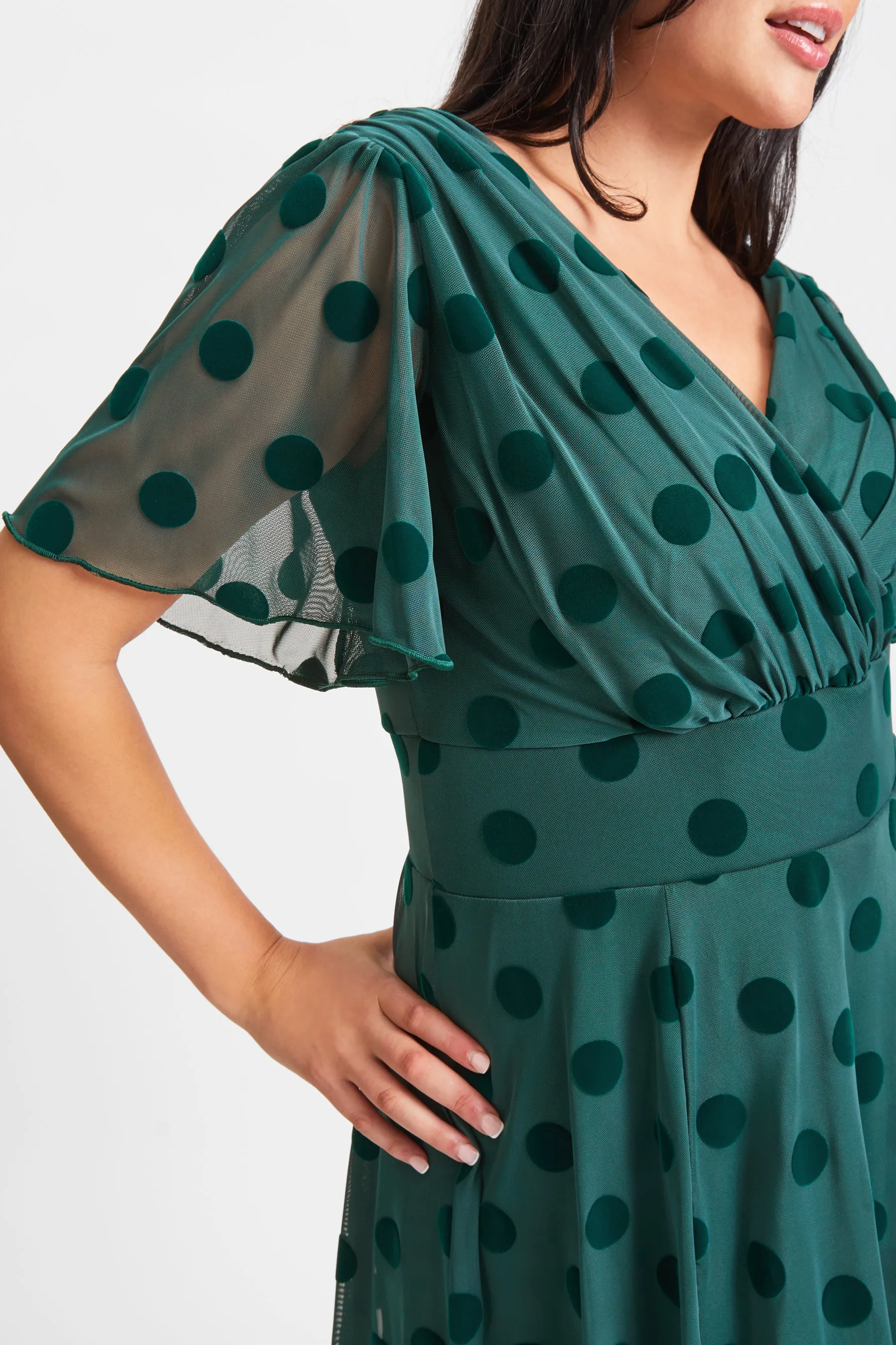Victoria Dark Green Velvet Flock Angel Sleeve Mesh Long Midi Dress