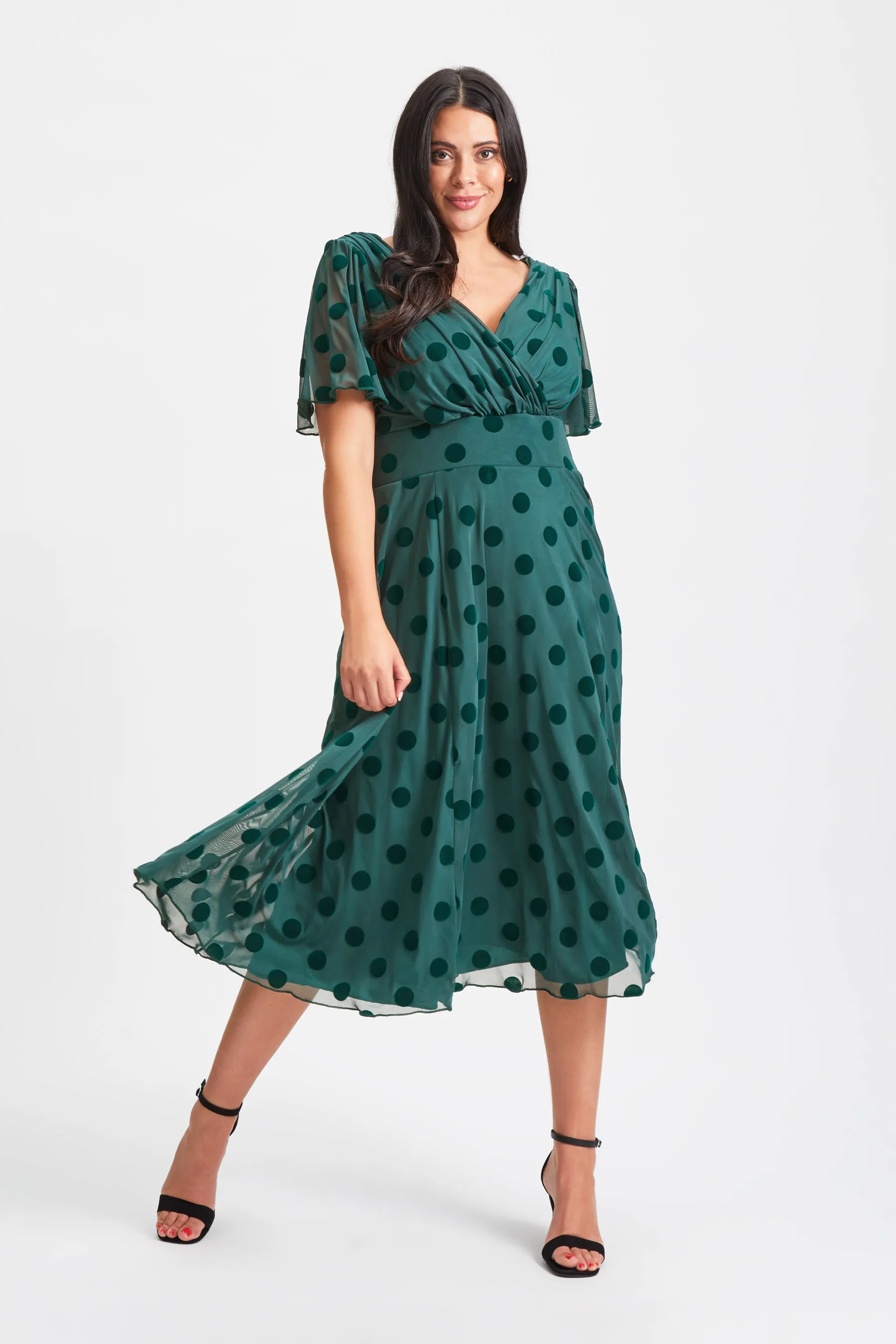 Victoria Dark Green Velvet Flock Angel Sleeve Mesh Long Midi Dress