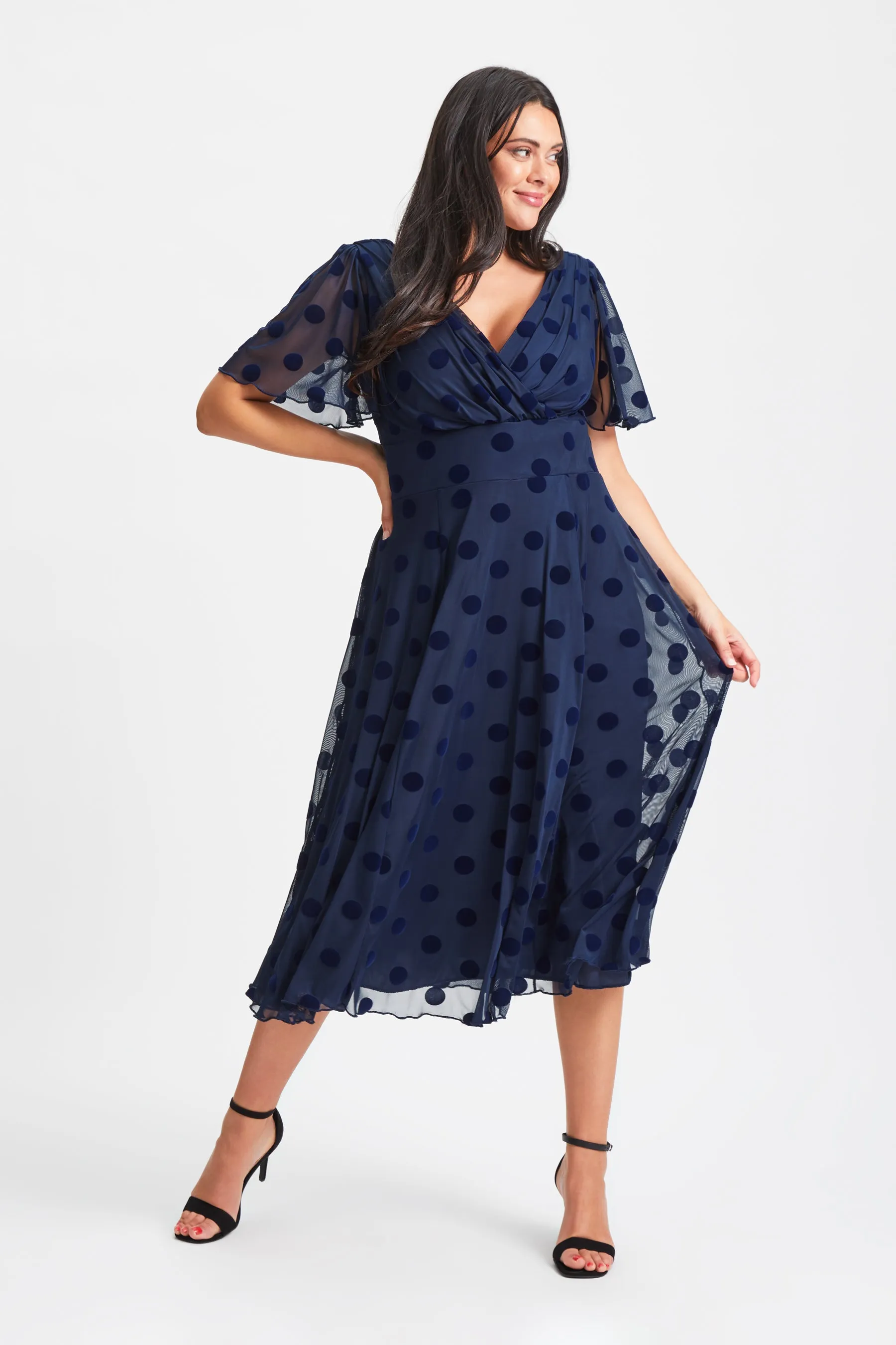 Victoria Dark Navy Velvet Flock Angel Sleeve Mesh Long Midi Dress