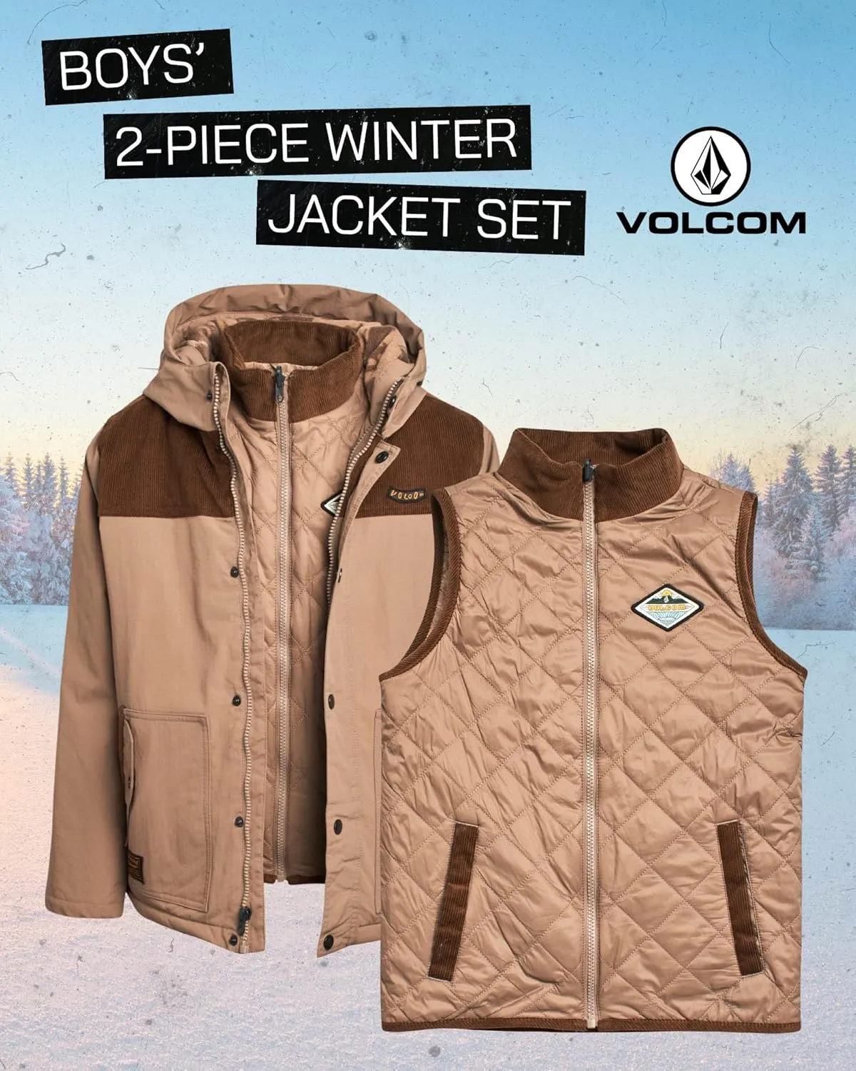 Volcom Boys' 3-in-1 Parka System - 2 Piece Waterproof Heavyweight Jacket and Vest - Insulated Winter Jackets for Boys (8-20)