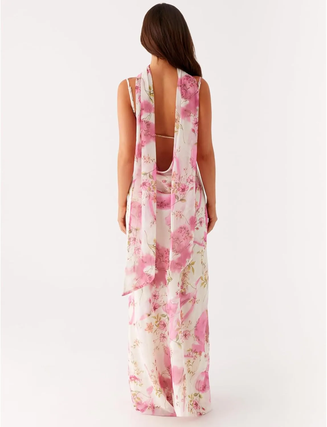 Women Floral Tube Strapless Maxi Bodycon Dress with Scarf Y2k 2025 Summer Backless Mesh Long Club Party Dresses