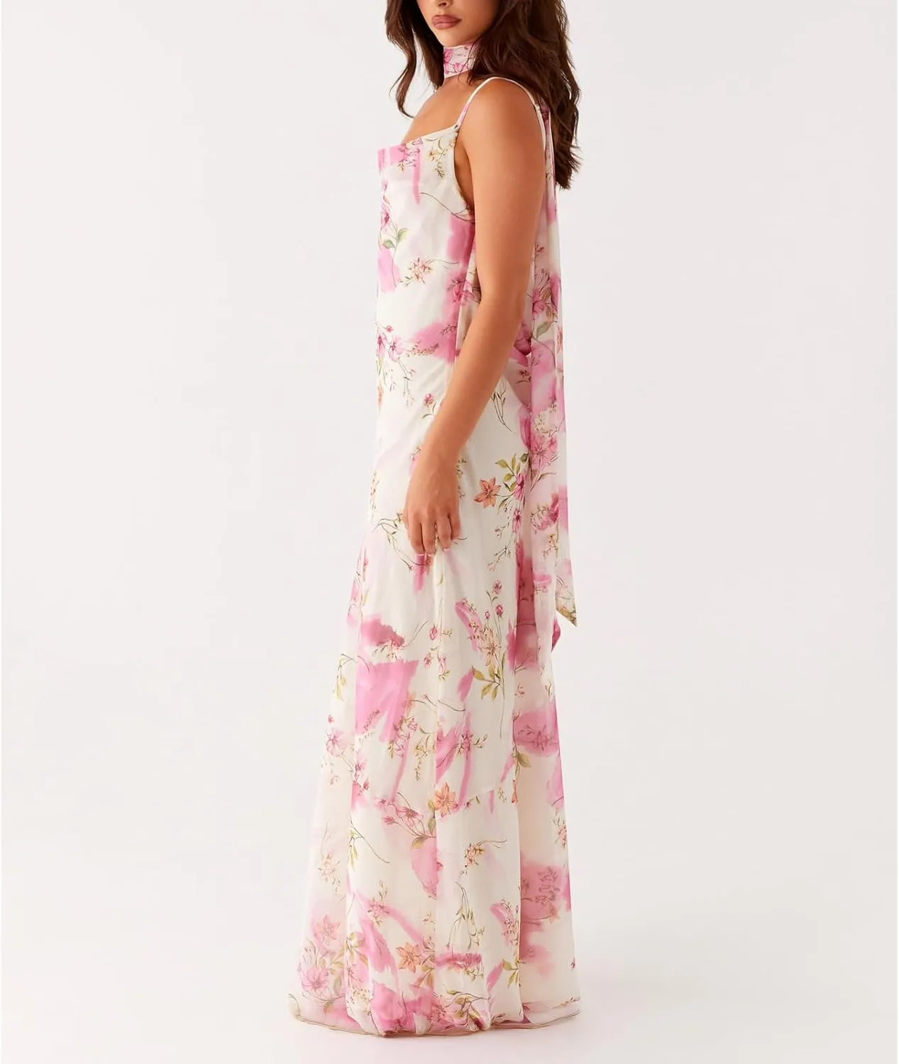 Women Floral Tube Strapless Maxi Bodycon Dress with Scarf Y2k 2025 Summer Backless Mesh Long Club Party Dresses